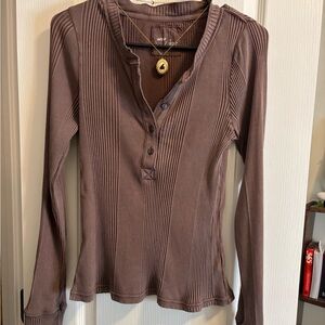 Aerie Ribbed Long Sleeve Henley - Brown